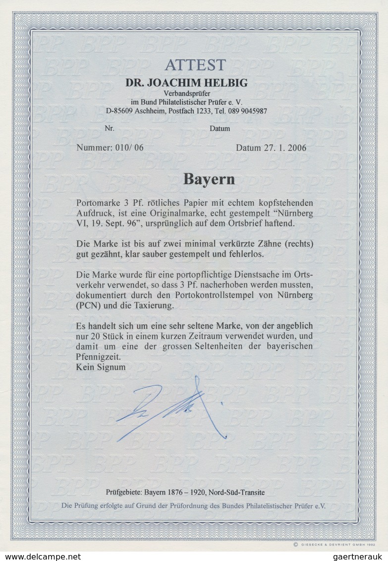 Bayern - Portomarken: 1896. Portomarke 3 Pf, Rötliches Papier Mit Echtem, Kopfstehendem Aufdruck "Vo - Sonstige & Ohne Zuordnung