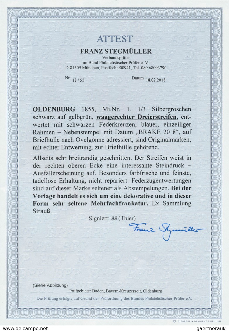 Oldenburg - Marken Und Briefe: 1852 - ⅓ Sgr. Schwarz Auf Gelbgrün, Im Waagerechten DREIERSTREIFEN In - Oldenburg