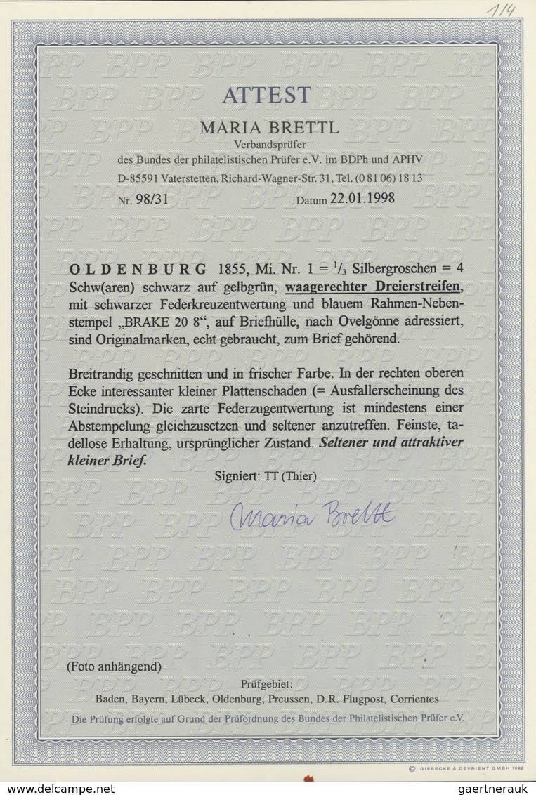 Oldenburg - Marken Und Briefe: 1852 - ⅓ Sgr. Schwarz Auf Gelbgrün, Im Waagerechten DREIERSTREIFEN In - Oldenbourg
