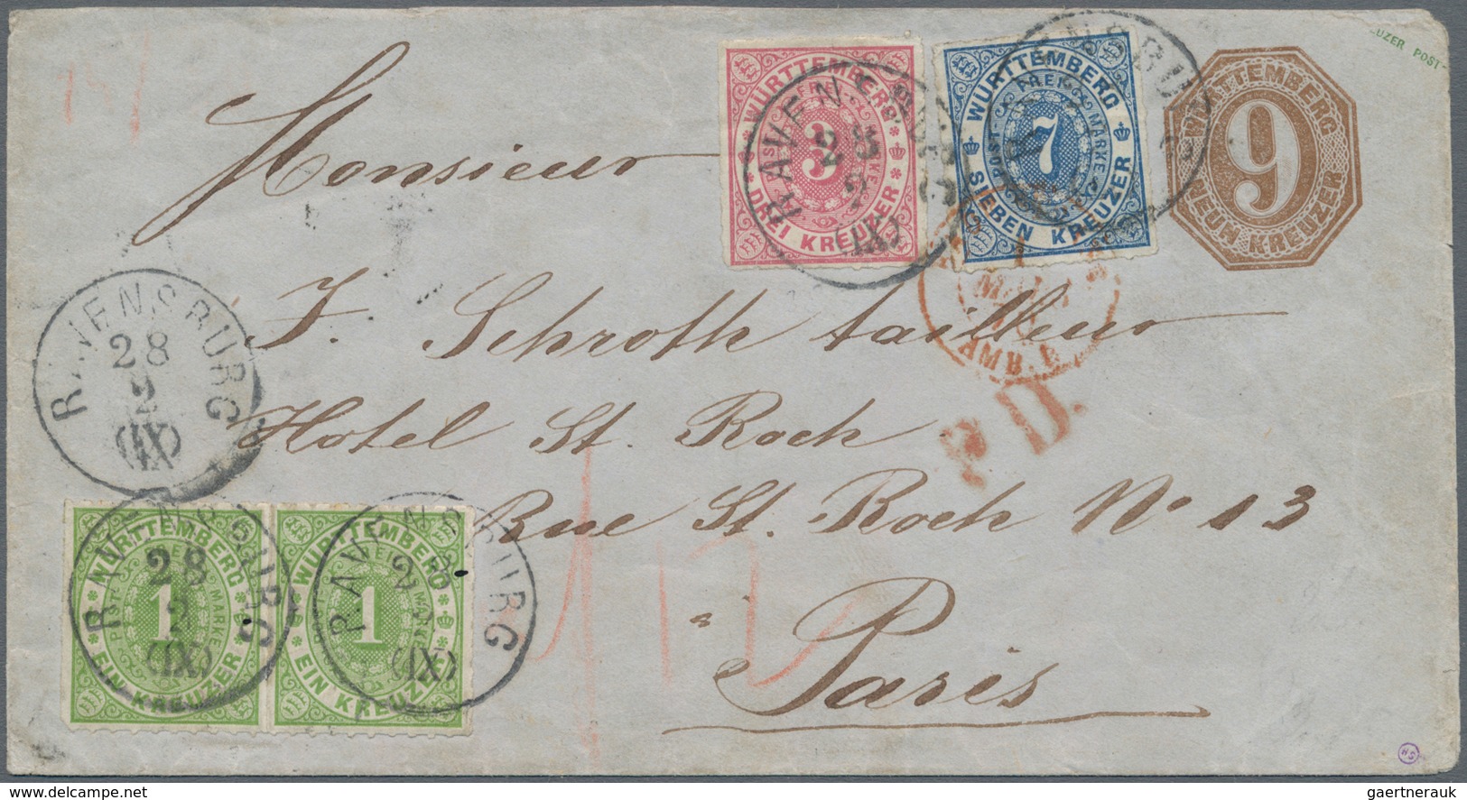 Württemberg - Marken Und Briefe: 1870: 1 Kreuzer Gelbgrün, Waagerechtes Paar Gemeinsam Mit 3 Kr Rot - Sonstige & Ohne Zuordnung