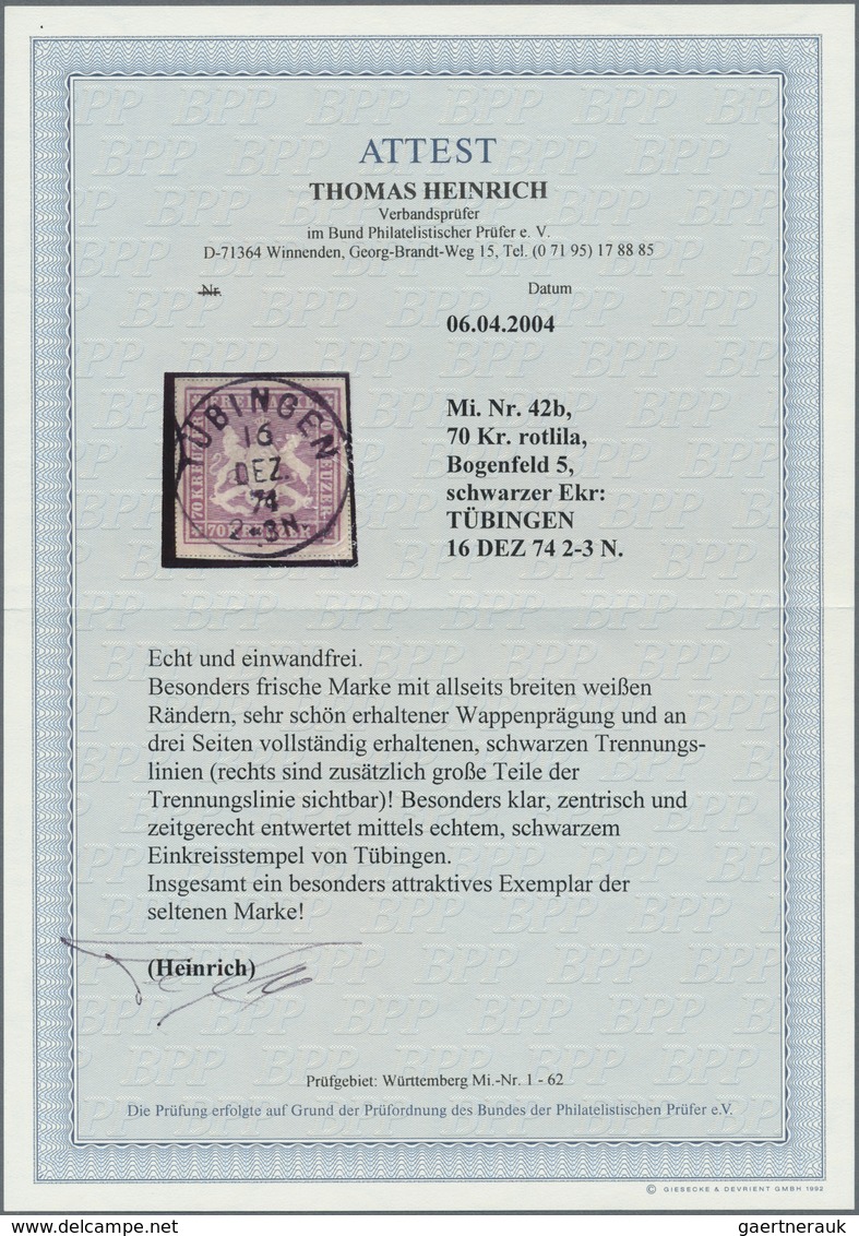 Württemberg - Marken Und Briefe: 1873, Wappen 70 Kreuzer Hellrotlila, Doppelte Trennungslinien Mit I - Autres & Non Classés