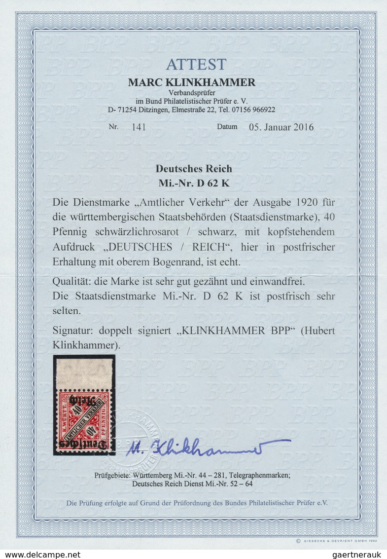 Deutsches Reich - Dienstmarken: 1920, 40 Pfg. Württemberg "Amtlicher Verkehr" Mit Kopfstehendem Aufd - Officials