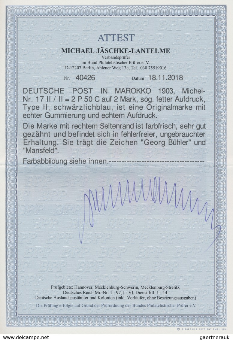 Deutsche Post In Marokko: 1903. 2 P 50 C Auf 2 Mark Schwärzlichblau, Sogenannter Fetter Aufdruck, Ty - Deutsche Post In Marokko