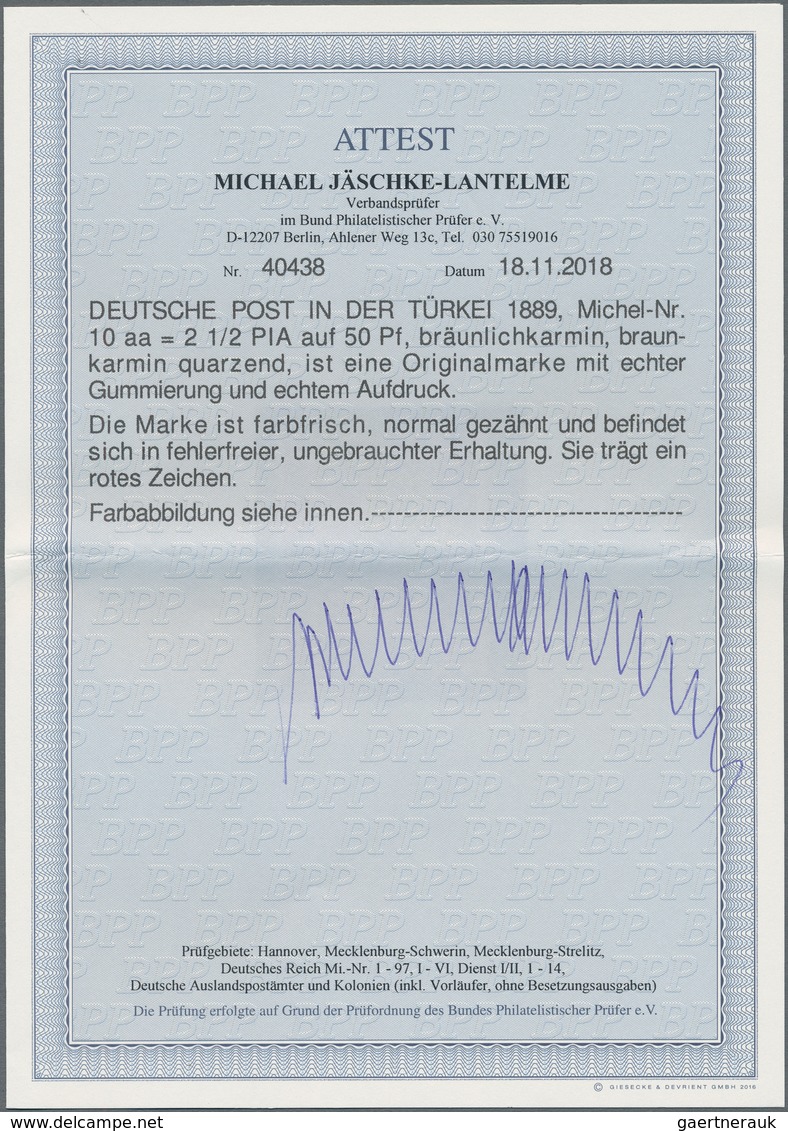 Deutsche Post In Der Türkei: 1889, 2½ PIA Auf 50 Pfg Krone/Adler Bräunlichkarmin, Braunkarmin Quarze - Turquie (bureaux)