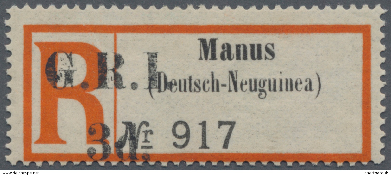 Deutsch-Neuguinea - Britische Besetzung: 1916, Einschreibzettel "Manus | (Deutsch-Neuguinea) | No 91 - Nouvelle-Guinée