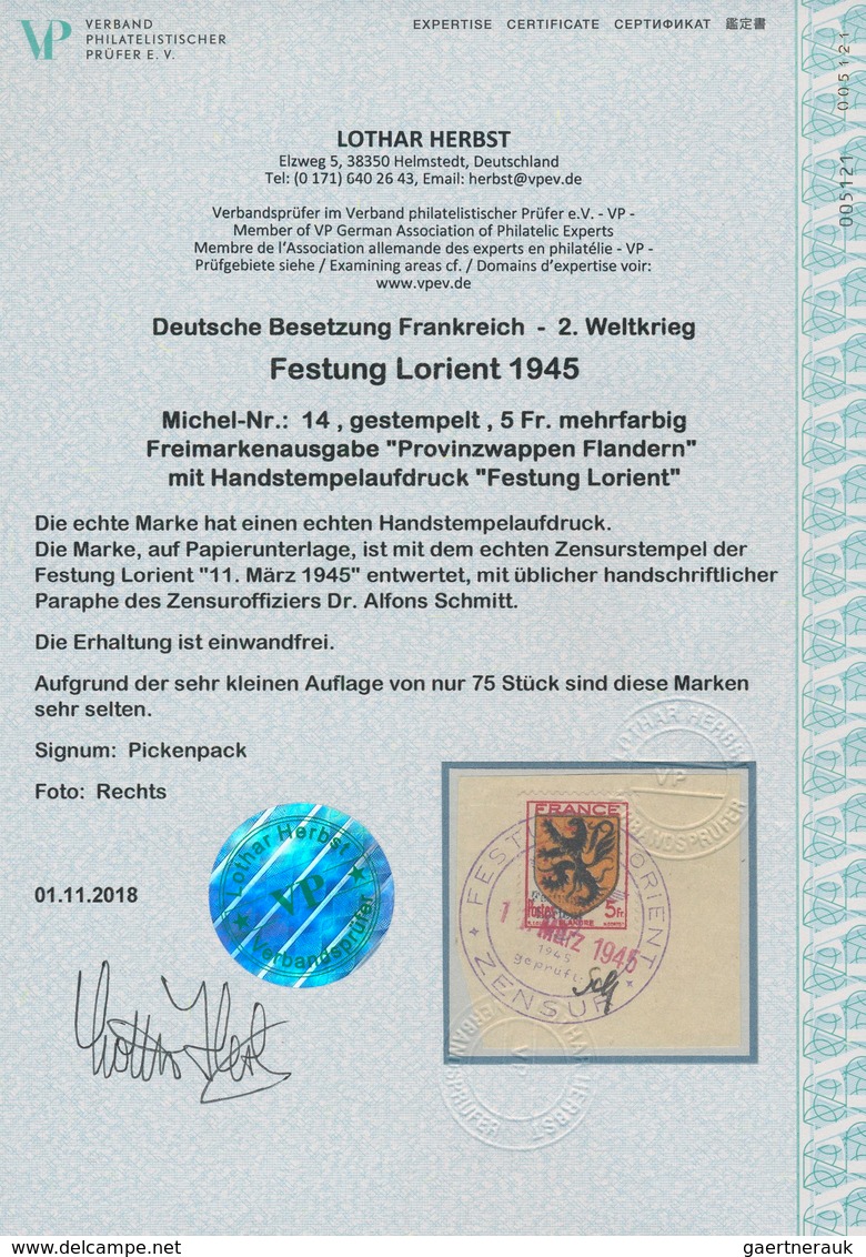 Dt. Besetzung II WK - Frankreich - Festung Lorient: 1945, 5 Fr Freimarkenausgabe "Provinzwappen: Lor - Bezetting 1938-45