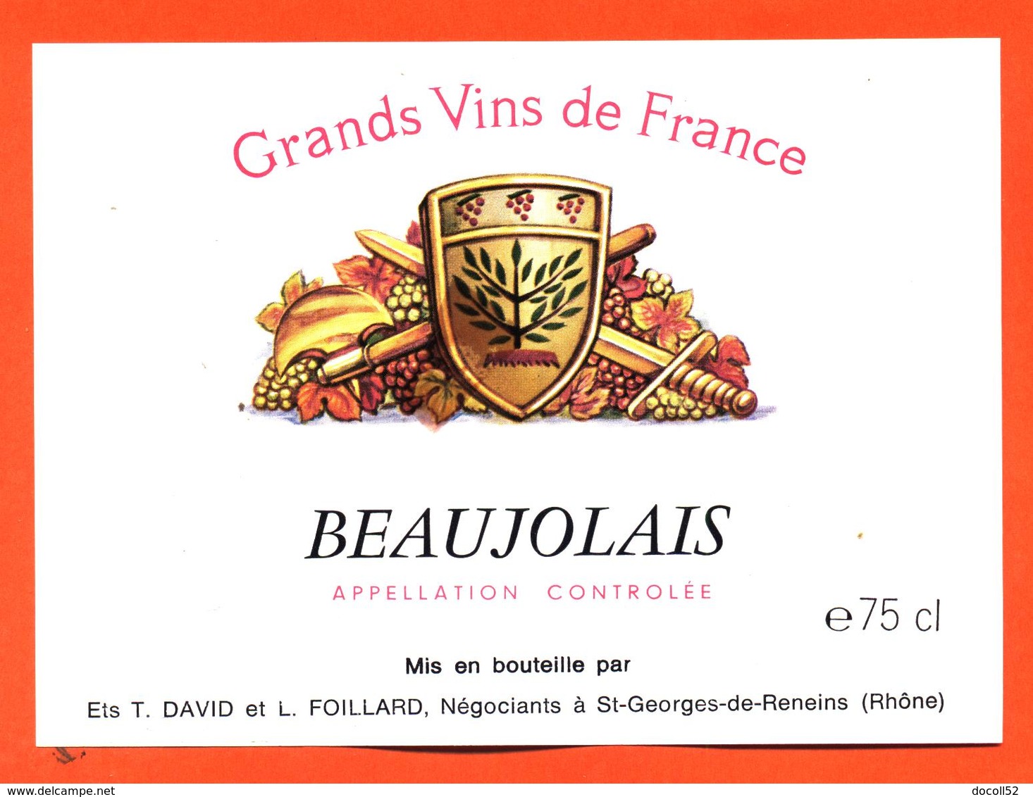 étiquette De Vin Beaujolais T David Et L Foillard à Saint Georges De Reneins - 75 Cl - Beaujolais