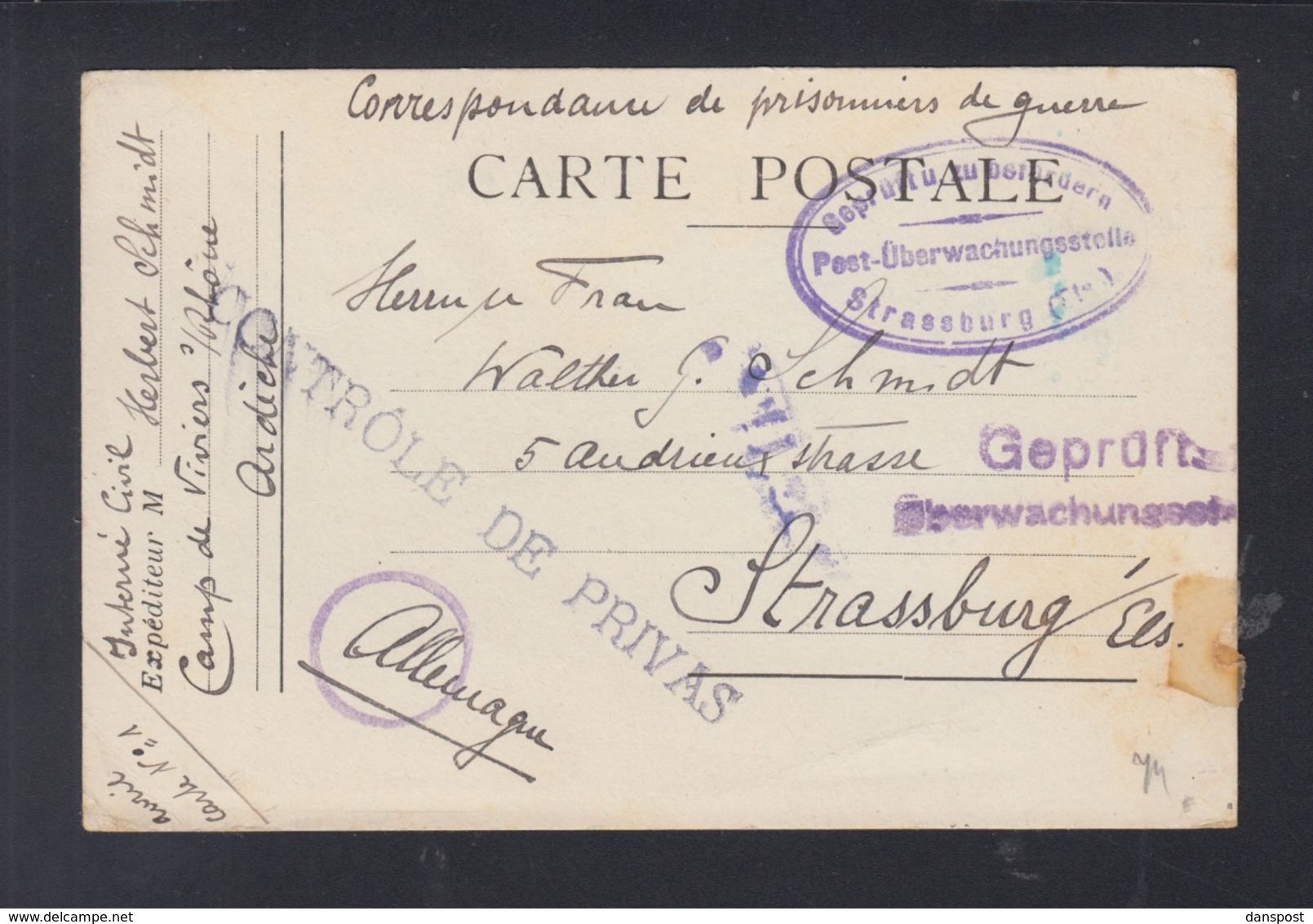 Correspondence De Prisonniers De Guerre Intene Civil  Camp De Viviers 1918 - 1877-1920: Periodo Semi Moderno