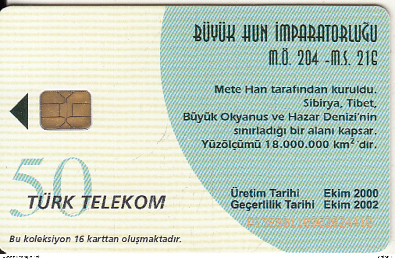 TURKEY(chip) - Great Hun Empire 204 BC - 216 AD Founder METE, Turk Telecom Telecard 50 Units, Chip CHT08, 10/00, Used - Turkey