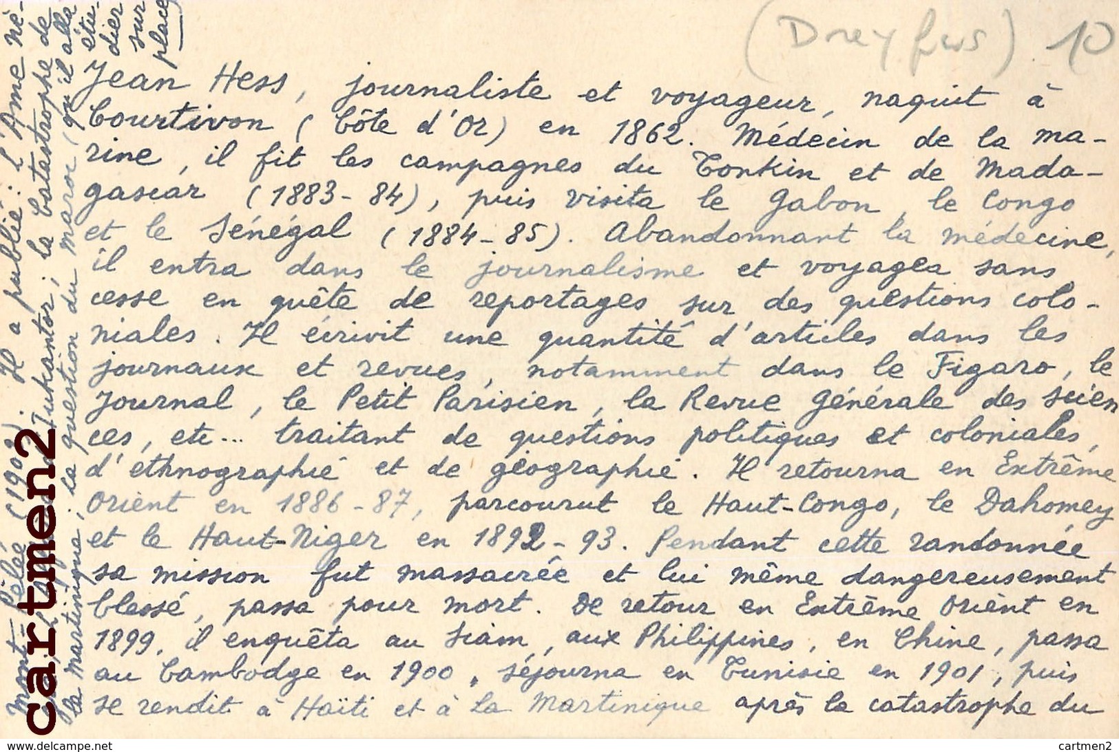 JEAN HESS JOURNALISTE VOYAGEUR SIAM THAILANDE CHINE CAMBODGE HAÏTI MARTINIQUE DREYFUS CAMPAGNE TONKIN - Historical Famous People
