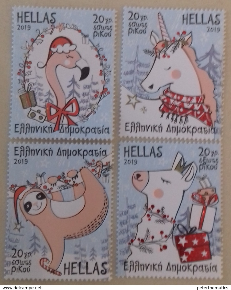 GREECE, 2019, MNH, CHRISTMAS, BIRDS,  LAMAS, SLOTH BEARS, UNICORNS, 4v - Christmas