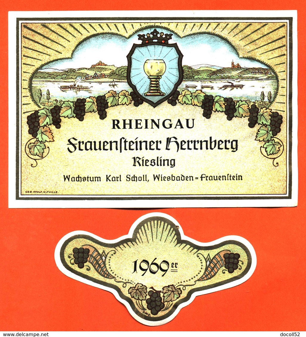 étiquette + Collerette De Vin D'alsace Riesling 1969 Rheingau Karl Schall à Frauenftein - 75 Cl - Riesling