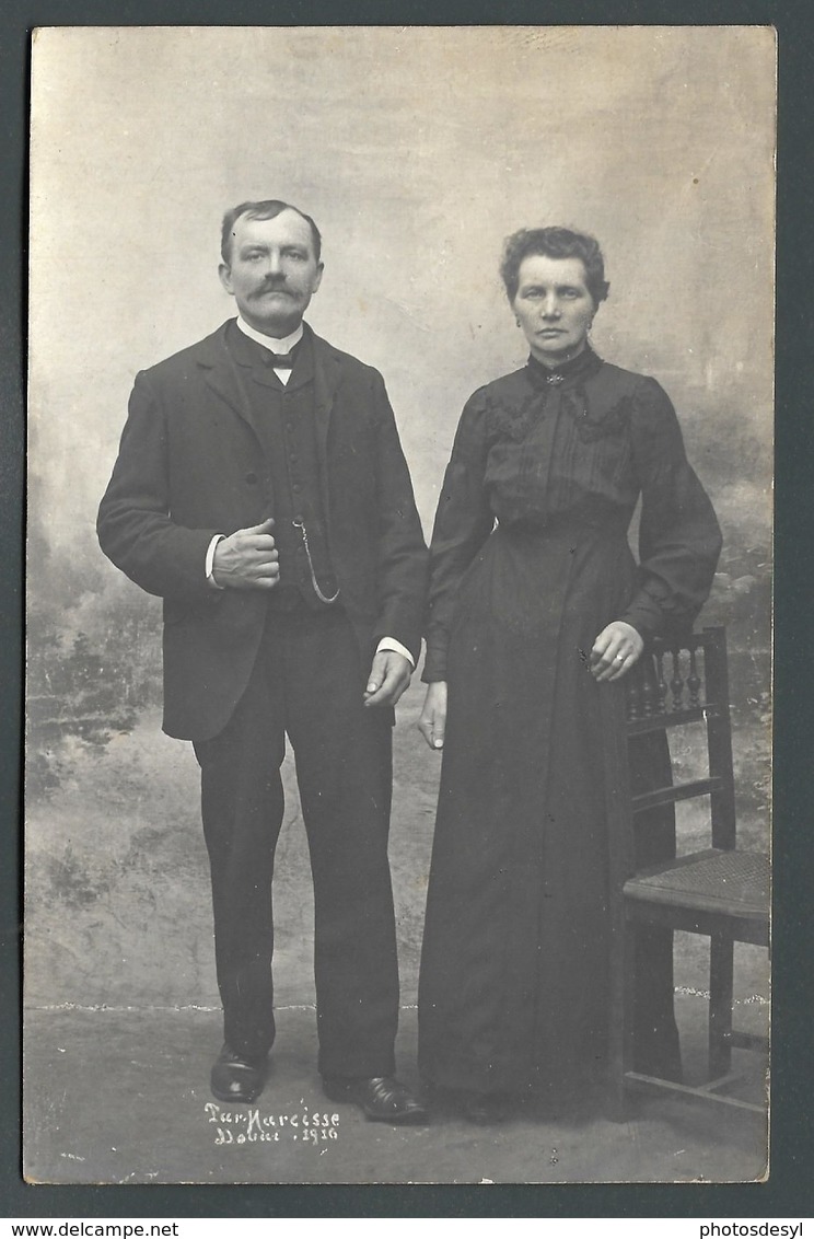 Duo Un Couple De DOUAI (59) En 1916 Décor Studio Trompe L'oeil LA MODE D'AUTREFOIS Carte PHOTO - A Identifier