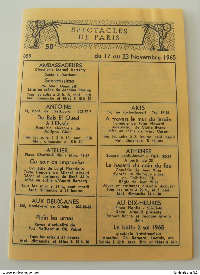 Petit Guide Spectacles De Paris 1965 Vichy état Dumesnil Olida Programme Vintage - Programs