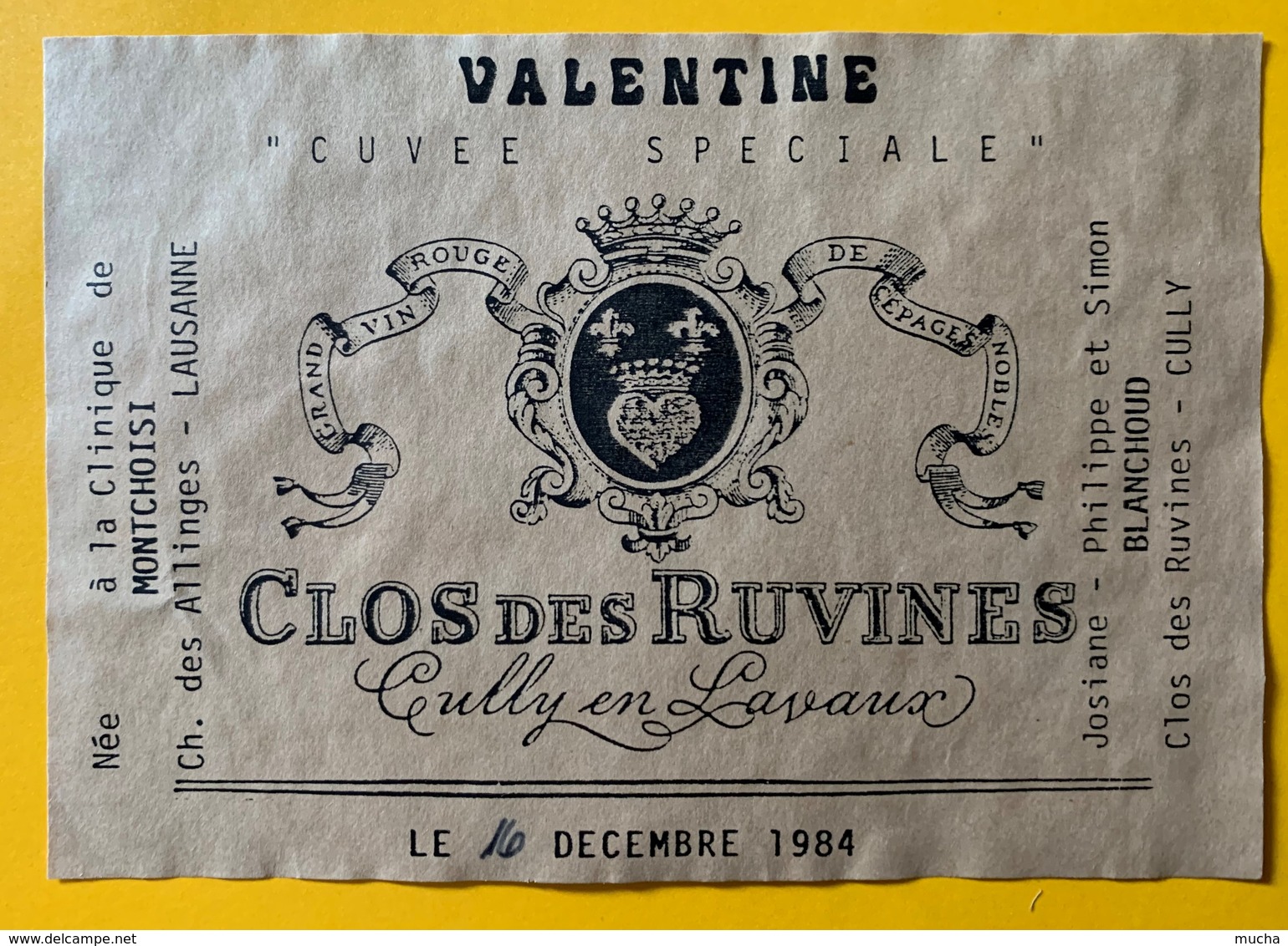 12282 - Naissance Valentine 16.12.1984 Clos Des Ruvines Cully En Lavaux - Prénoms