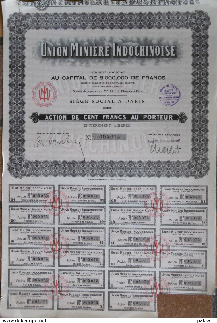 Lot De 100 Actions Union Minière Indochinoise 1930 Indochine Asie Bond Indochina Mine Mines Vietnam Tonkin - Azië