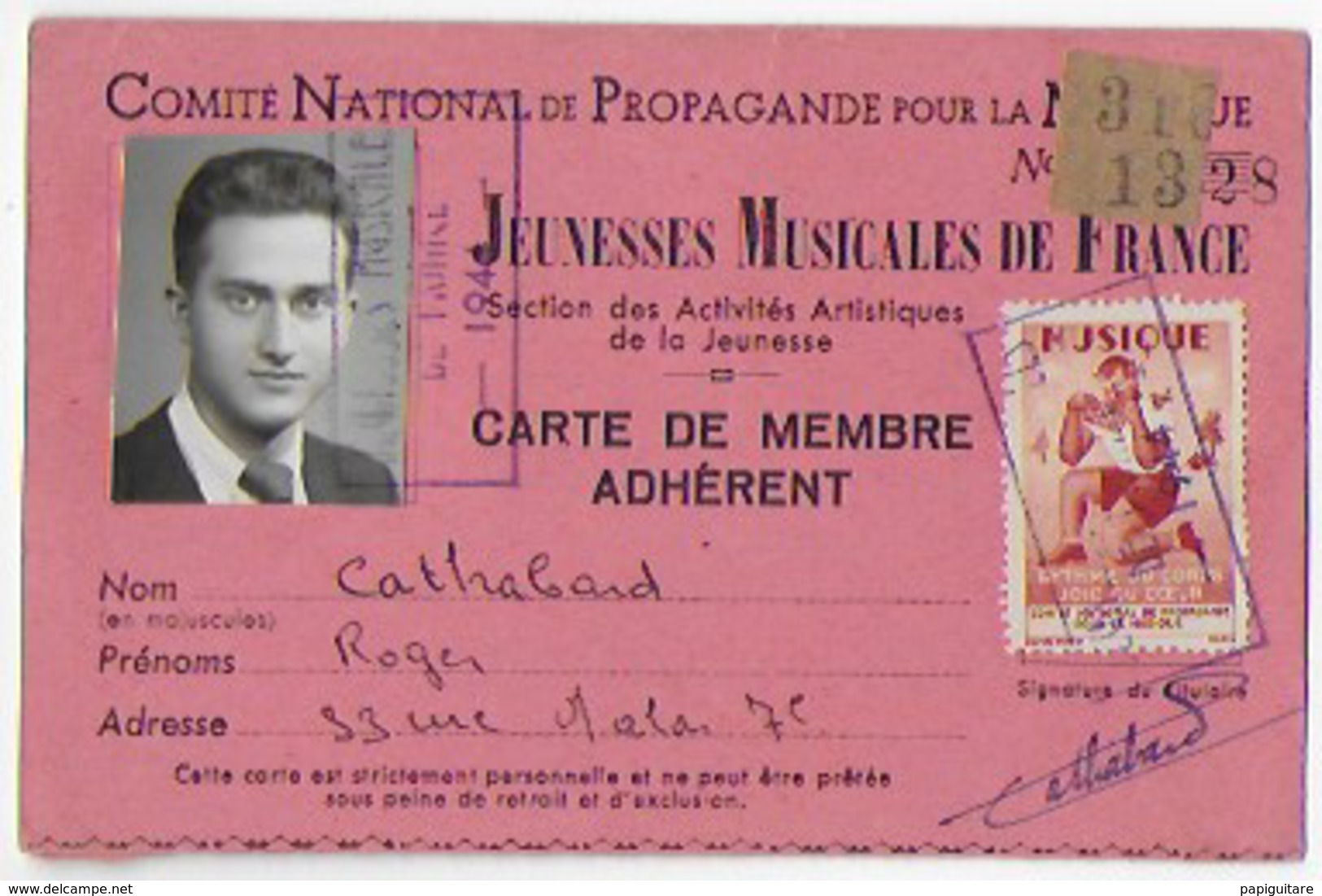 Carte Bon Etat  8x12.5cm , Jeunesse Musicales De France , Membre Adhérent, Photo , Timbre Tampon - Autres & Non Classés