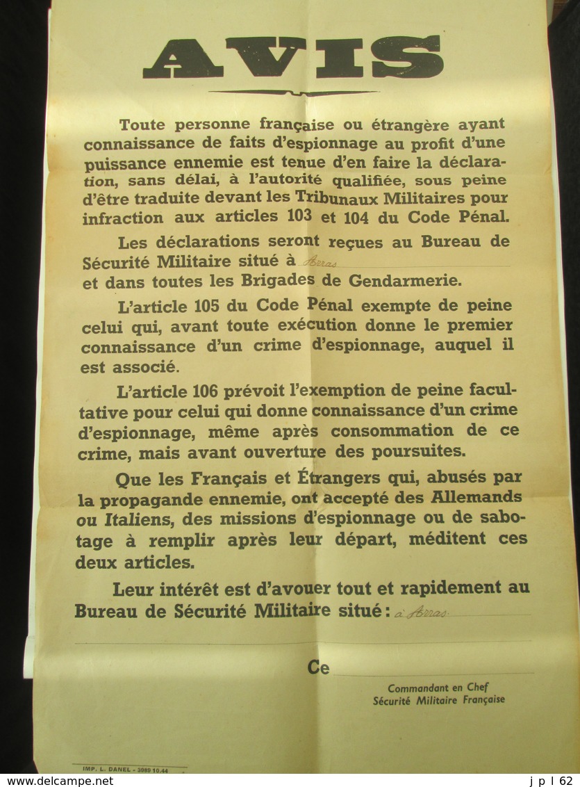 62 - AVIS Sécurité Militaire Française ARRAS - Déclarer Faits D' Espionnage Ou Sabotage - Historical Documents