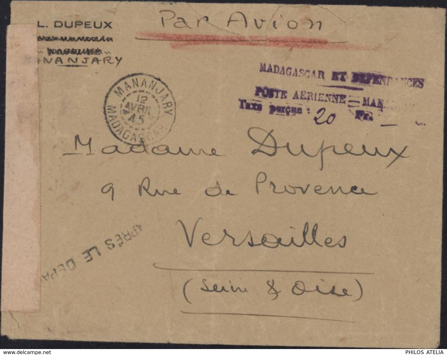 Guerre 39 Cachet Madagascar Poste Aérienne Mananjary Taxe Perçue Manque Timbre + Après Le Départ + Censure Cachet Bande - Lettres & Documents