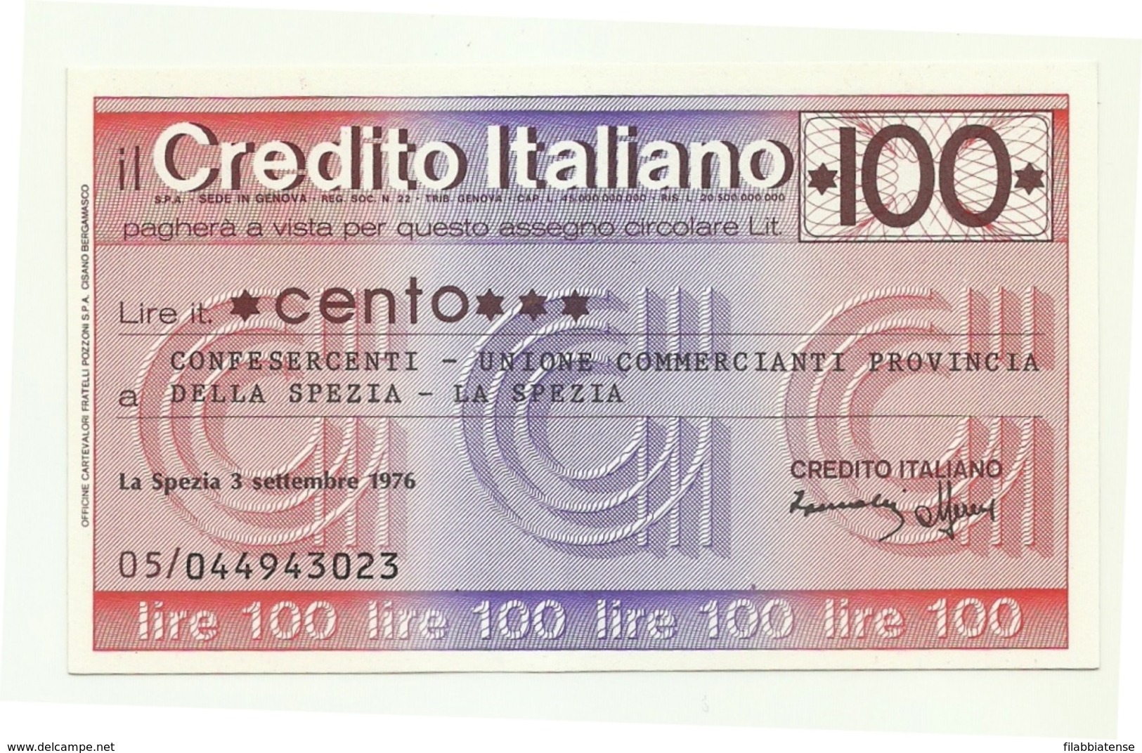 1976 - Italia - Credito Italiano- Confesercenti - Unione Commercianti Provincia Della Spezia - La Spezia - [10] Scheck Und Mini-Scheck