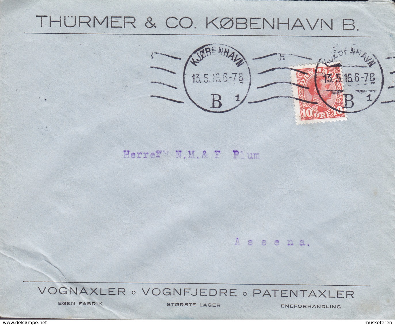 Denmark THÜRMER & Co., Vognaxler Vognfjedre Patentaxler KJØBENHAVN B. Tms. Cds. 1916 Cover Brief ASSENS (Arr.) - Storia Postale