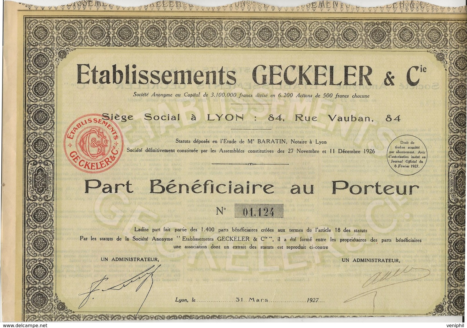 PART BENEFICIAIRE - ETABLISSEMENT GECKELER -LYON - ( 1400 PARTS ) 1927 - Industry