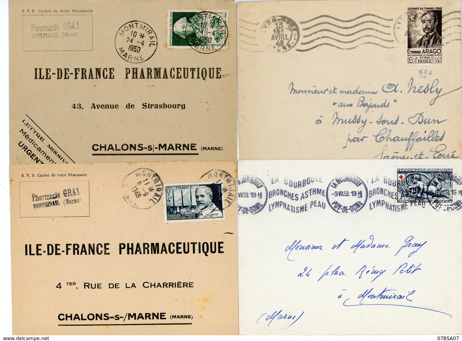 4 ENV SUP SURTAXE TIMBRE SEUL 794 LYON 1948, 814 828 MONTMIRAIL 1948 1950, 938 LA BOURBOULE 1953 SCANS INDIVIDUELS - 1921-1960: Periodo Moderno