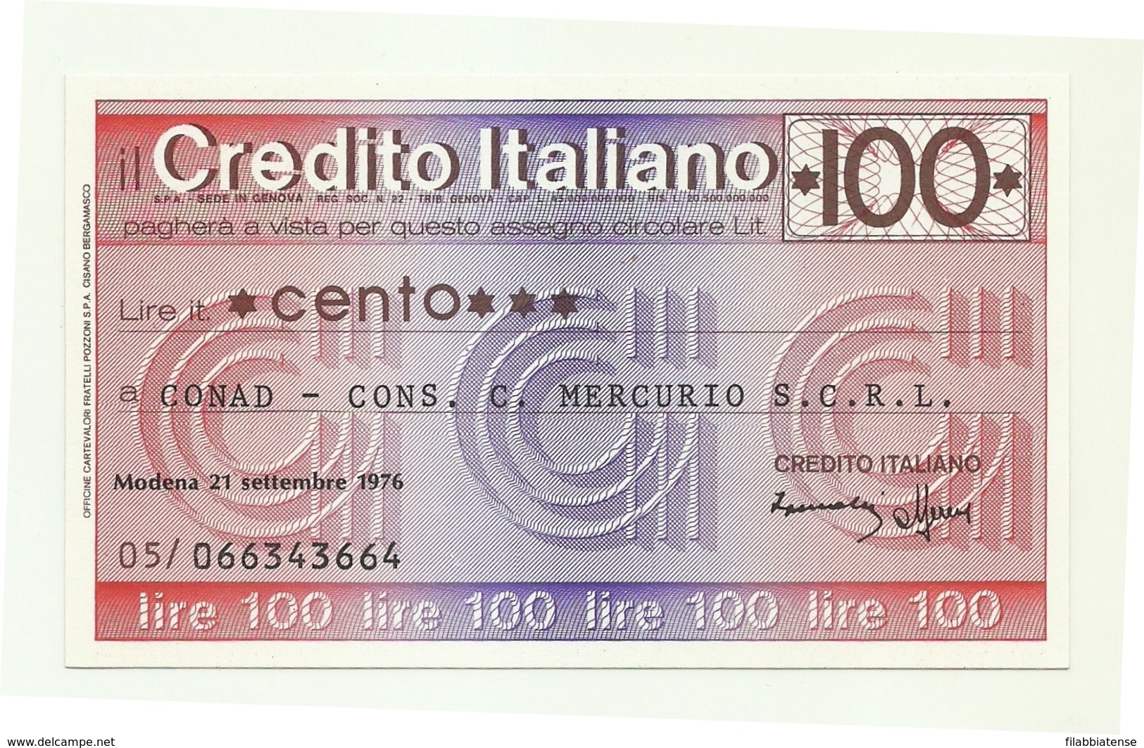 1976 - Italia - Credito Italiano - CONAD - Cons. C. Mercurio S.C.R.L. - [10] Assegni E Miniassegni