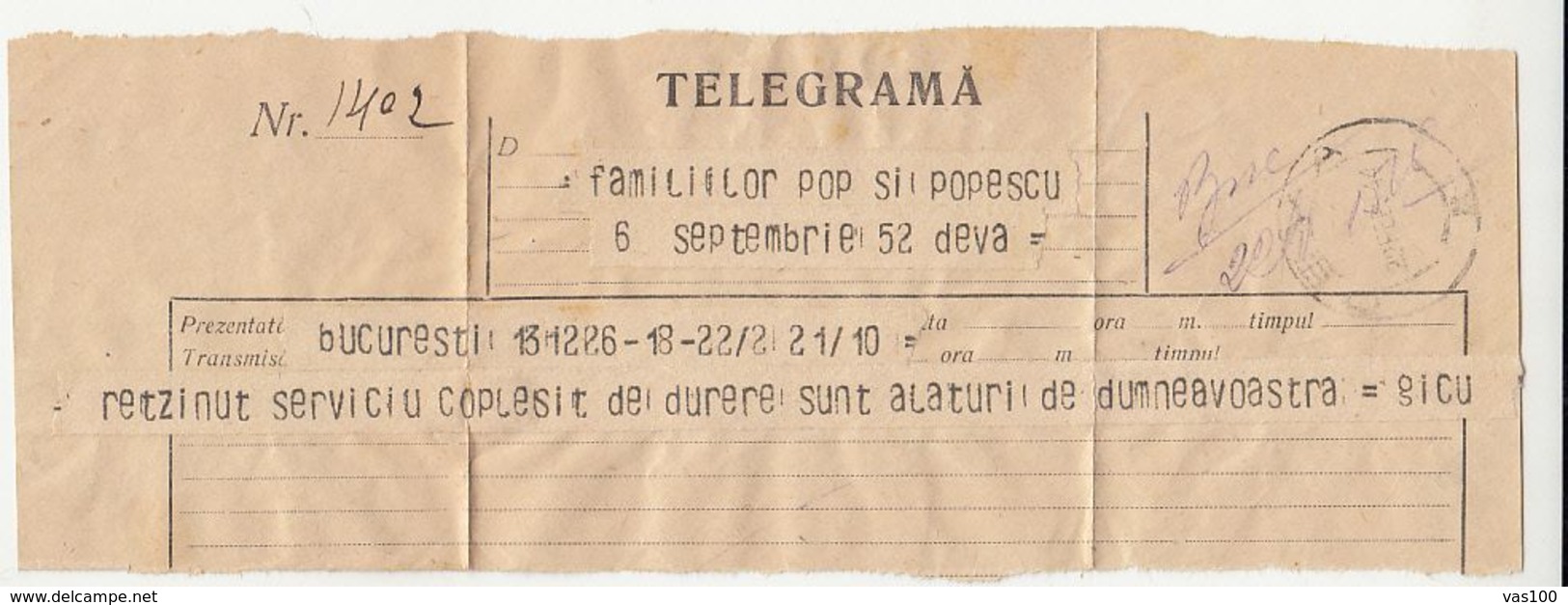 TELEGRAMME SENT FROM BUCHAREST TO DEVA, 1944, ROMANIA - Télégraphes