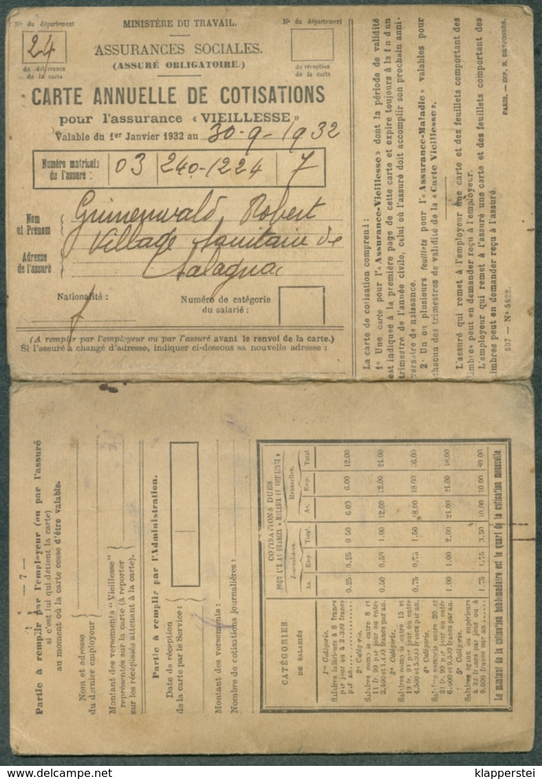 Carte Annuelle Cotisations Assurance Sociale Vieillesse 1932 Avec Timbres Fiscaux Merson - Altri & Non Classificati
