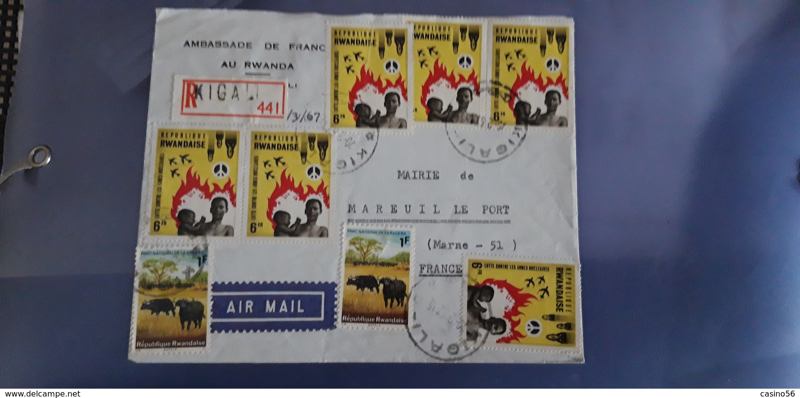 Lettre Recommandée Kigali Rwanda Ambassade De France Air Mail - Collezioni