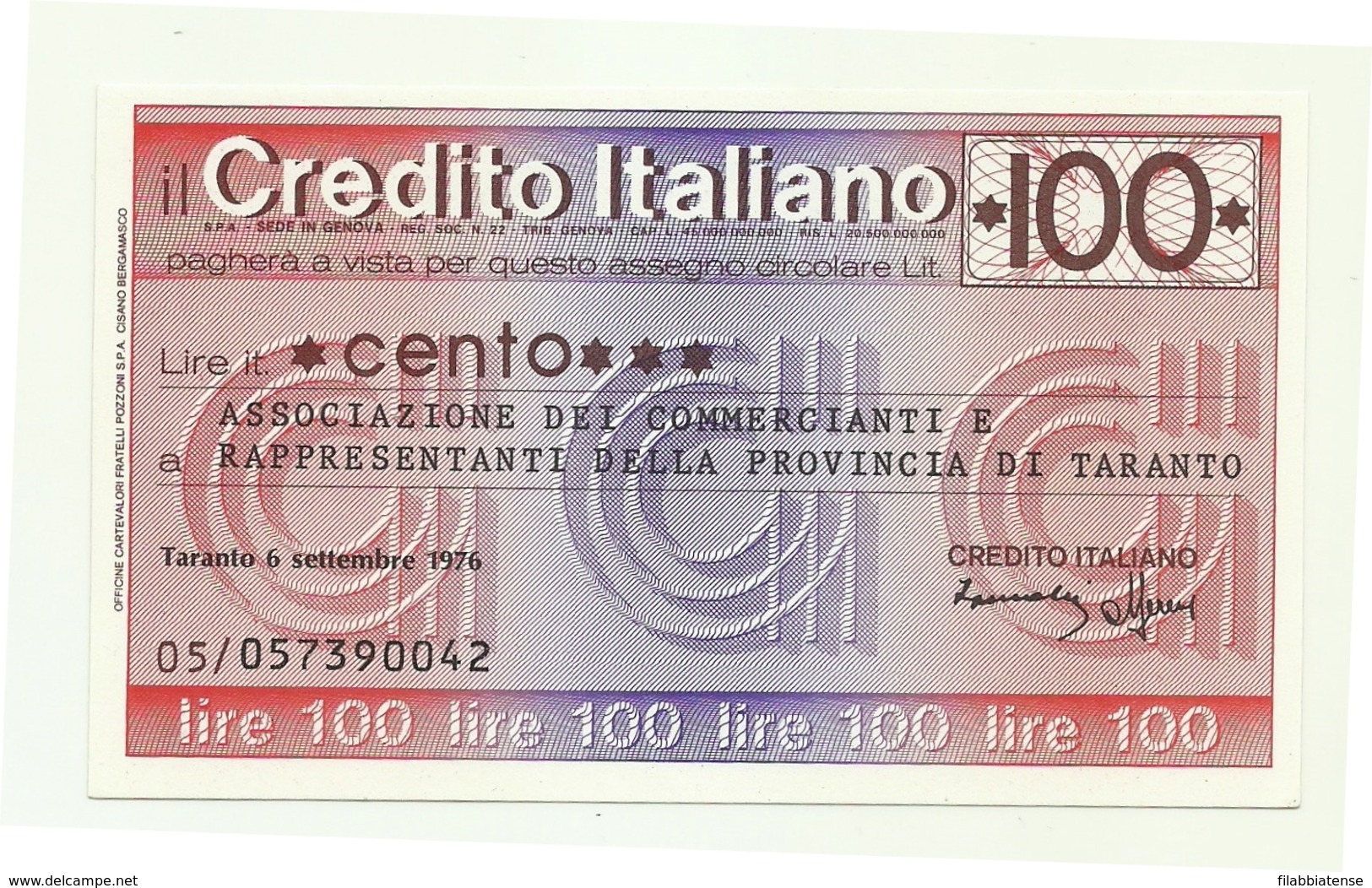 1976 - Italia - Credito Italiano - Associazione Dei Commercianti E Rappresentanti Della Provincia Di Taranto - [10] Scheck Und Mini-Scheck