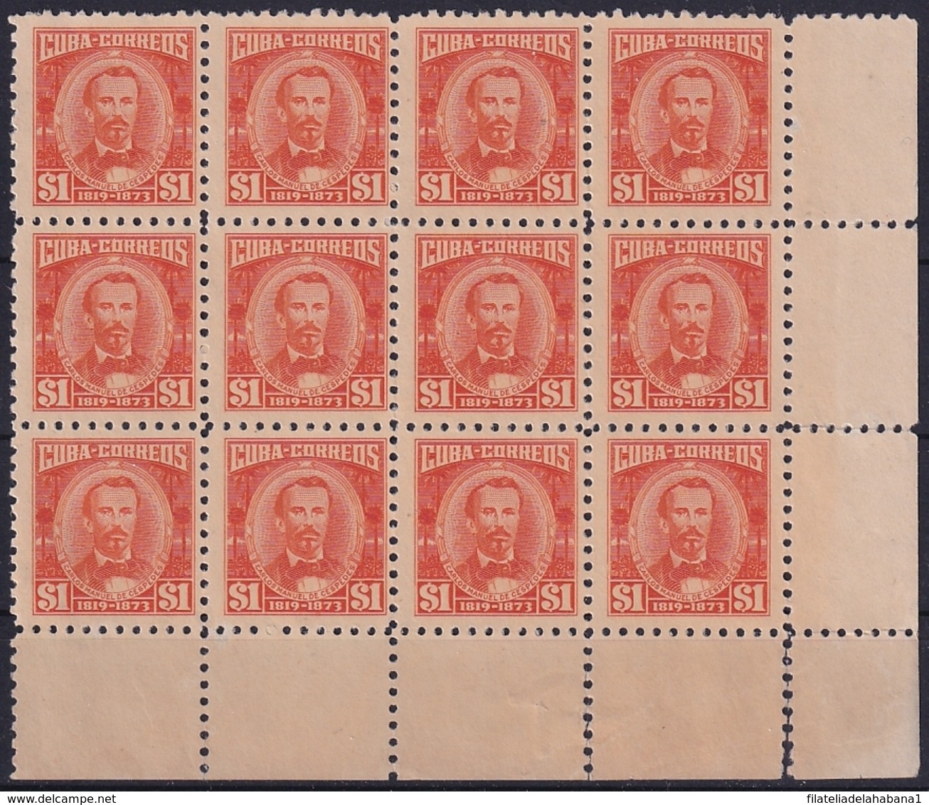 1954-225 CUBA REPUBLICA 1954 Ed.585 1$ CARLOS MANUEL DE CESPEDES INDEPENDENCE WAR PATRIOT BLOCK 12 NO GUM. - Unused Stamps