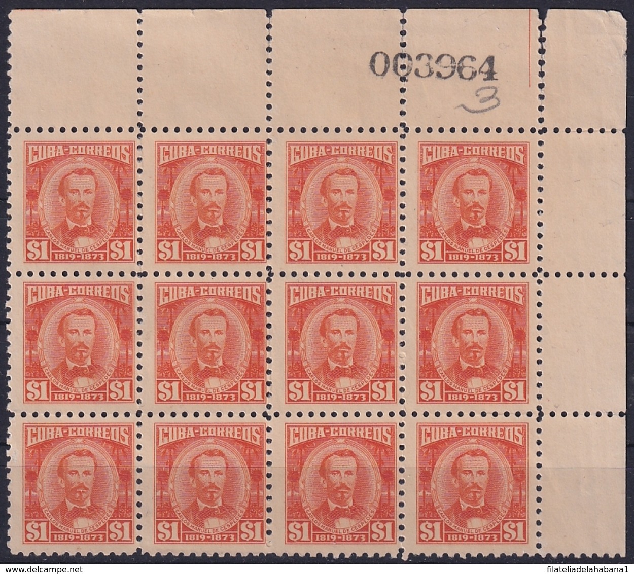 1954-226 CUBA REPUBLICA 1954 Ed.585 1$ CARLOS MANUEL DE CESPEDES INDEPENDENCE WAR PATRIOT BLOCK 12 NO GUM. - Unused Stamps