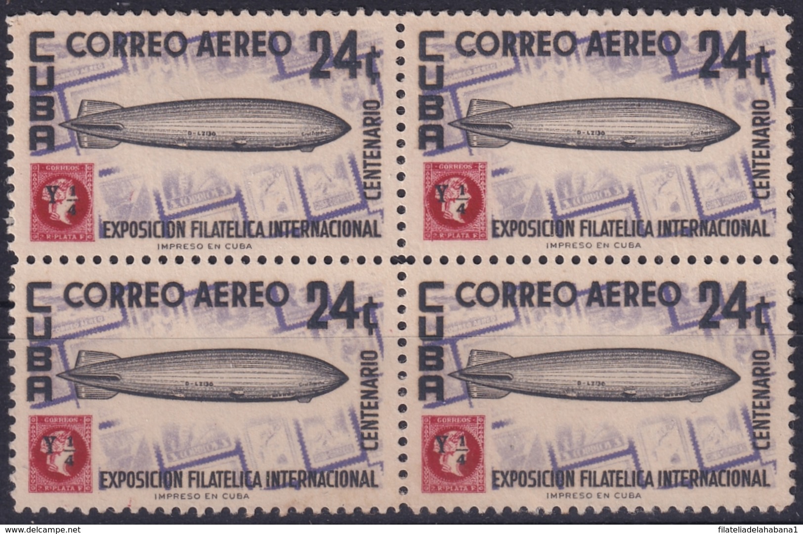 1955-306 CUBA REPUBLICA 1955 Ed.633 24c CUPEX GRAFF ZEPPELIN BLOCK 4 NO GUM. - Unused Stamps