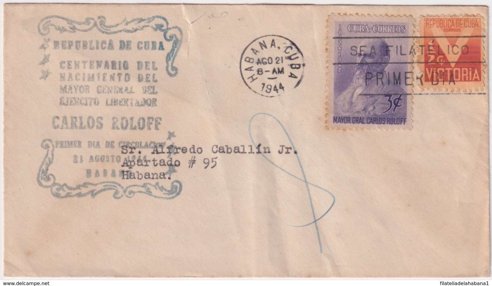 1944-FDC-50 CUBA REPUBLICA 1944 FDC CARLOS ROLOFF POLAND GENERAL POLONIA - Neufs
