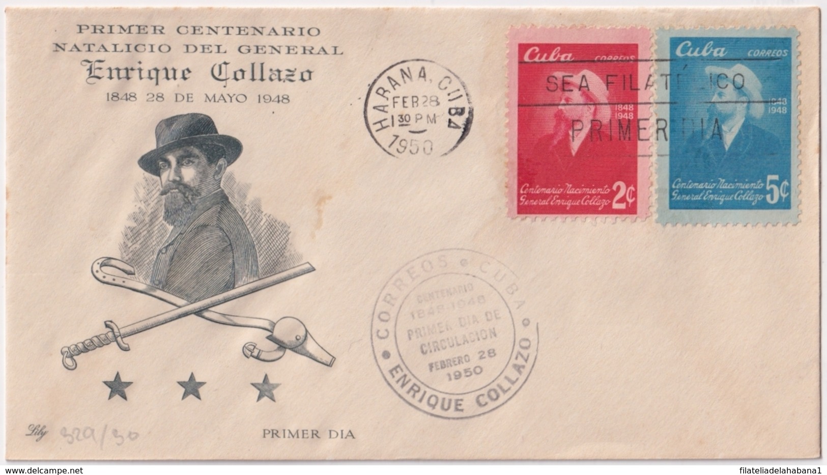 1950-FDC-108 CUBA REPUBLICA 1950 FDC ENRIQUE COLLAZO BLACK CANCEL PAIR INDEPENDENCE WAR. - Unused Stamps