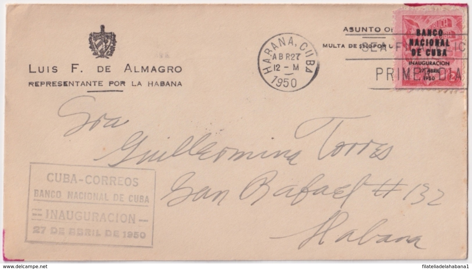 1950-FDC-109 CUBA REPUBLICA 1950 FDC BANCO NACIONAL TOBACCO SURCHARGE BLACK CANCEL - Ongebruikt