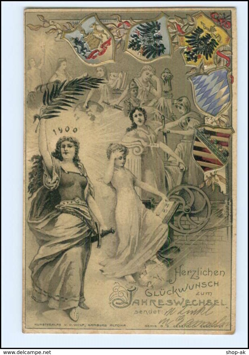 XX007506/ Neujahr Jahreswechsel Germania Wappen Litho Prägedruck AK 1899 - Anno Nuovo