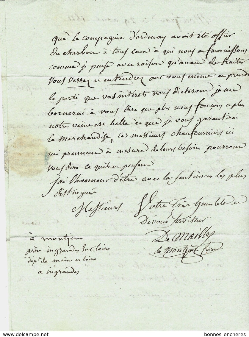 1811 De Montjean Sur Loire Par De Mailly  NEGOCE COMMERCE CHARBONS FER Forges => Port Brillet Forges Près Laval Mayenne - 1800 – 1899