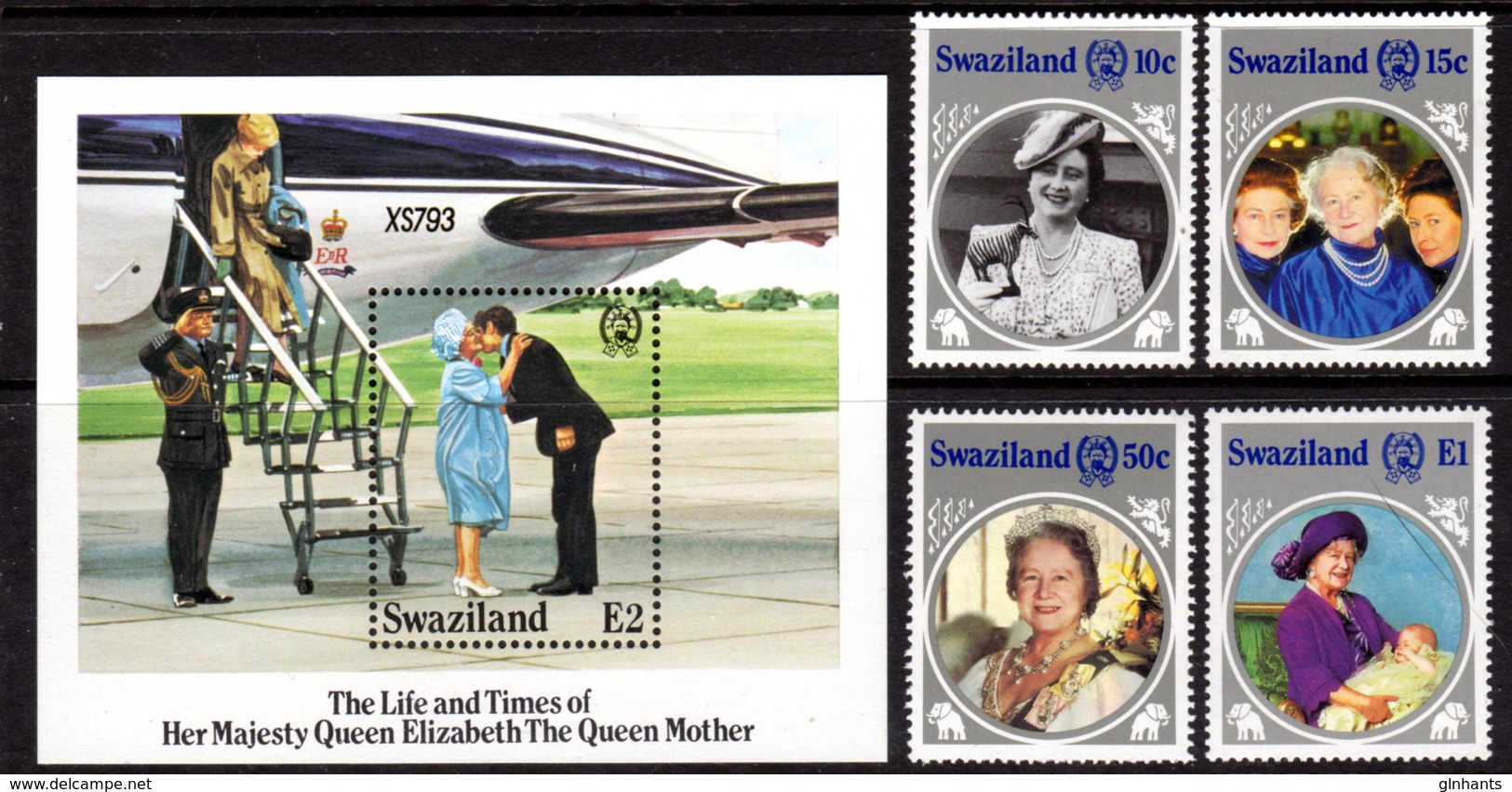 SWAZILAND - 1985 LIFE & TIMES OF QUEEN ELIZABETH THE QUEEN MOTHER SET (4V) & MS FINE MNH ** SG 486-489, MS490 - Swaziland (1968-...)