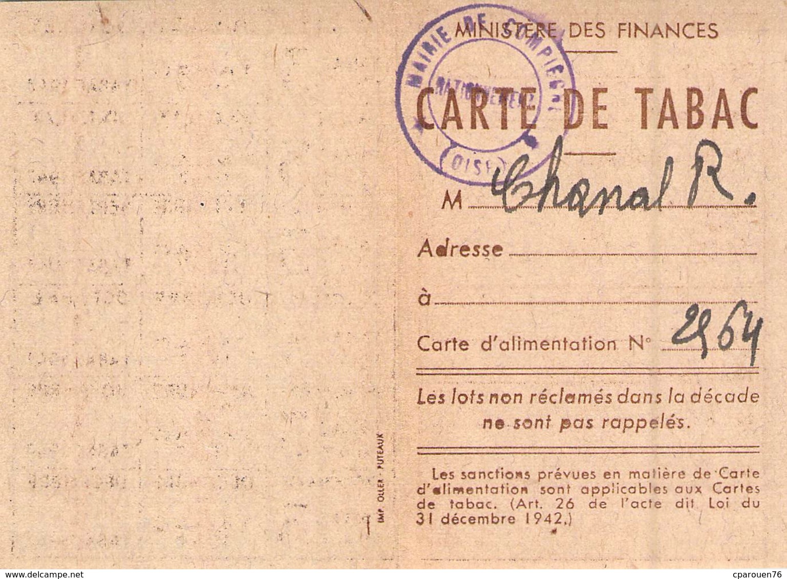 Lot Cartes De Tabac Compiègne Oise 1946 1947  Timbre Fiscal Contribution - Dokumente