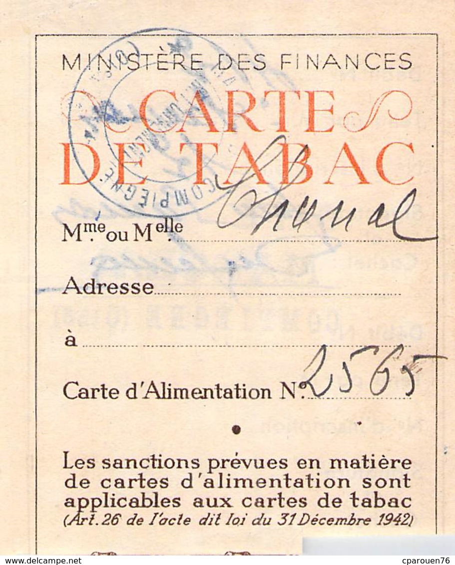 Lot Cartes De Tabac Compiègne Oise 1946 1947  Timbre Fiscal Contribution - Documents