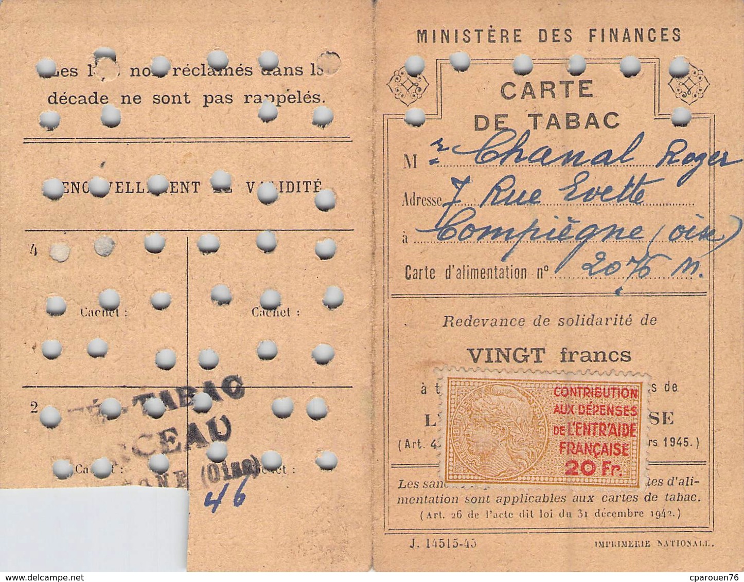 lot cartes de tabac Compiègne Oise 1946 1947  timbre fiscal contribution