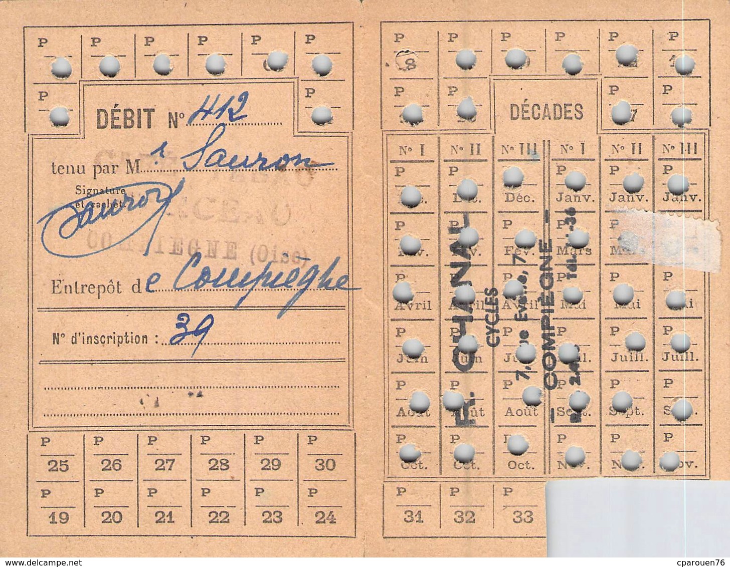 lot cartes de tabac Compiègne Oise 1946 1947  timbre fiscal contribution