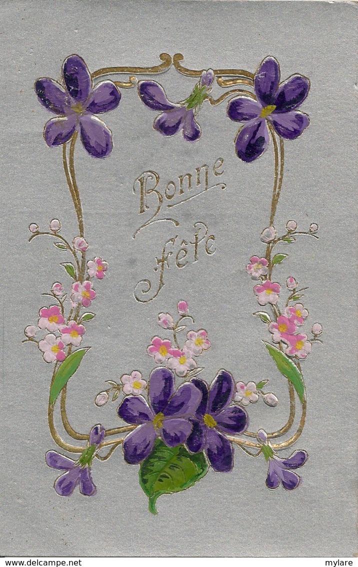 Cpa Gaufrée Bonne Fête Violettes - Anniversaire