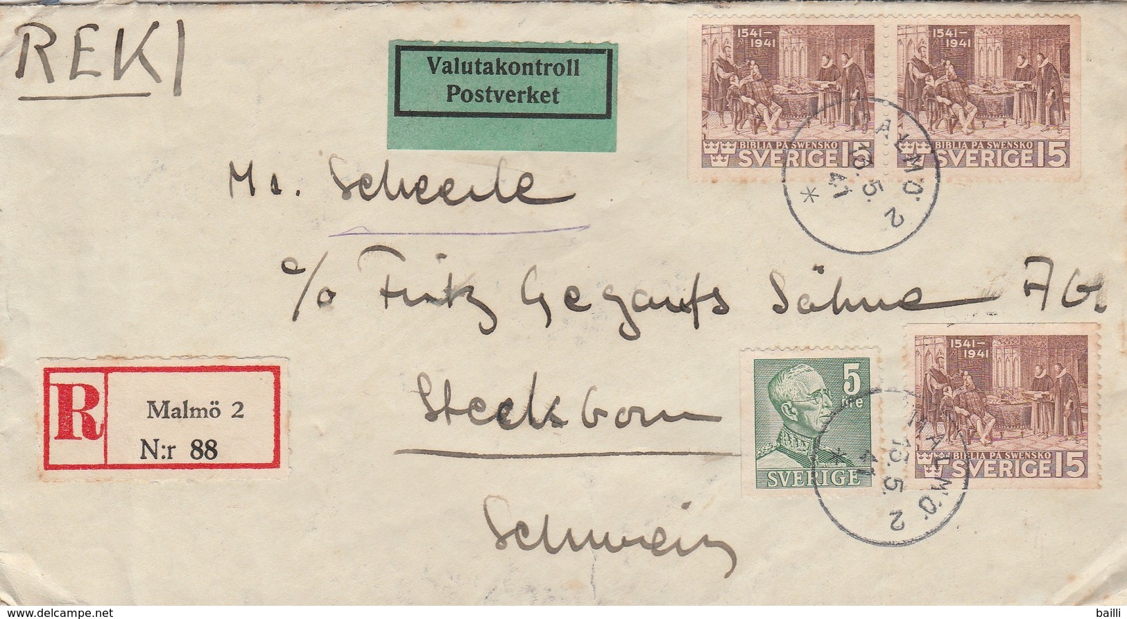 Suède Lettre Recommandée Malmö Pour La Suisse 1941 - 1930- ... Rouleaux II