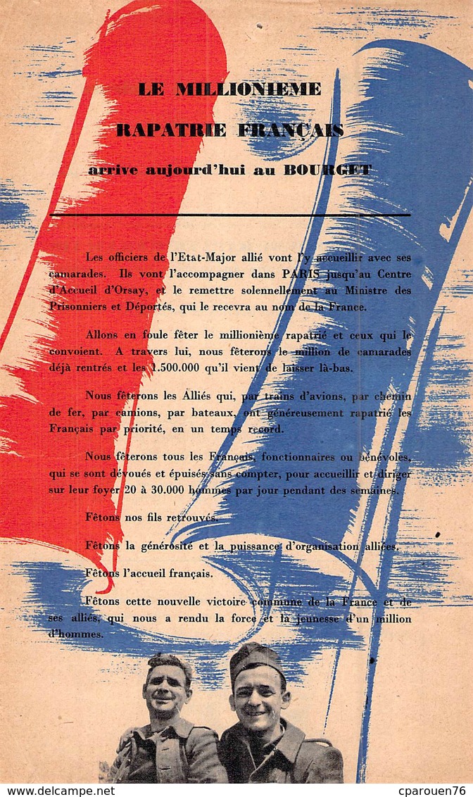 Militaria > 1939-45 Tract Patriotique Le Millionnième Rapatrié Français Arrive Au Bourget Pour Orsay - 1939-45