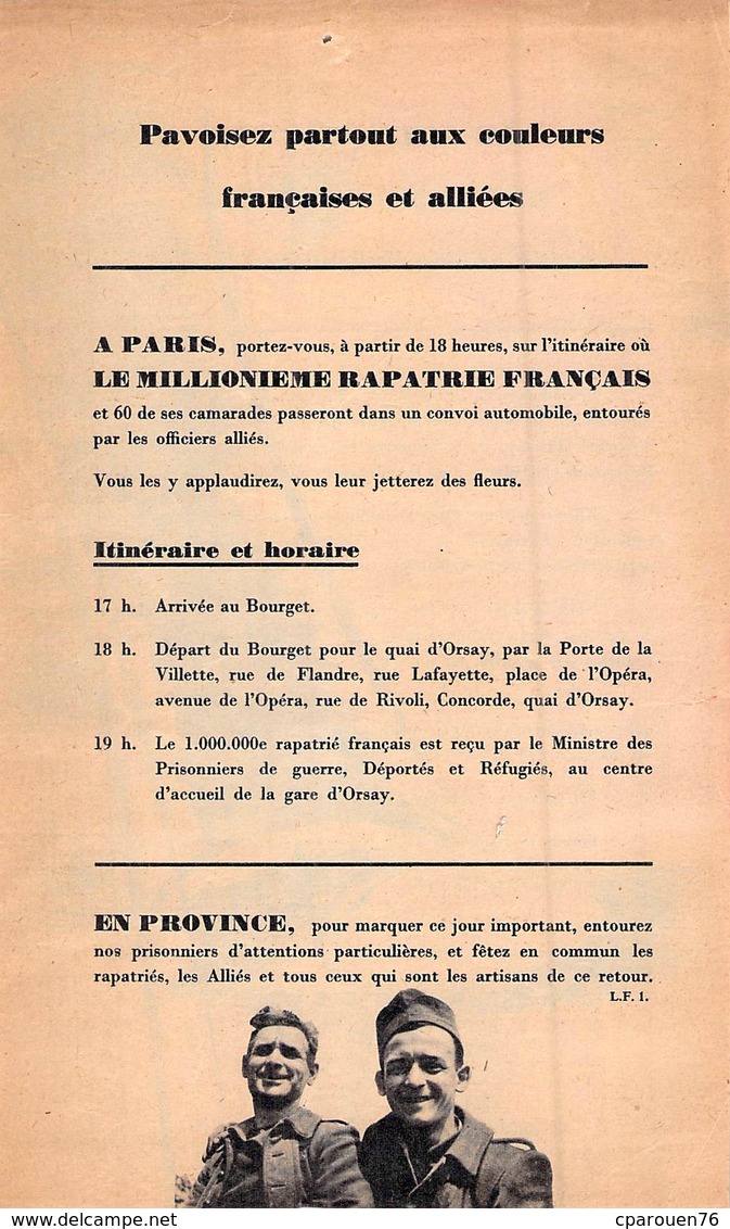 Militaria > 1939-45 Tract Patriotique Le Millionnième Rapatrié Français Arrive Au Bourget Pour Orsay - 1939-45