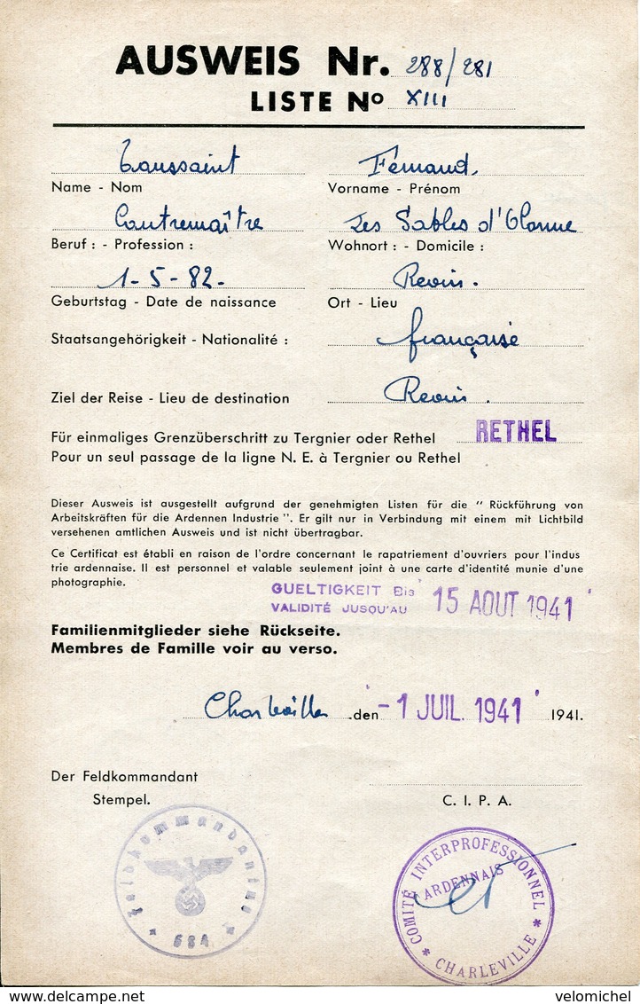 Ardennes.AUSWEIS. 1941 REVIN Pour Passage Zone Interdite à RETHEL - 1939-45